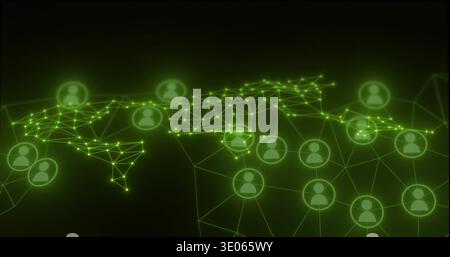 Displaying neon-green wireframe world map linking glowing nodes and avatars on dark backdrop Stock Photo