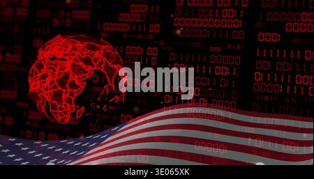 Rotating red wireframe globe at left, streaming binary columns over wavy American flag, copy space Stock Photo
