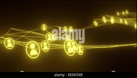 Glowing cluster of user icons forming connected mesh in dark digital space, yellow lines Stock Photo