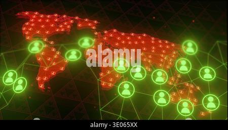 Displaying digital world map with avatars, neon-green nodes, links on dark triangular grid Stock Photo