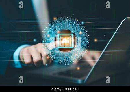 Advanced AI technology concept with circuit brain icon on virtual screen. Digital transformation, machine learning and big data processing. Stock Photo