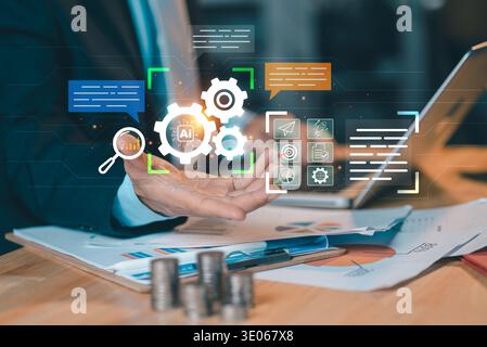 Businessman using AI and gear icons to optimize business process, productivity, management and data analysis for success. Stock Photo