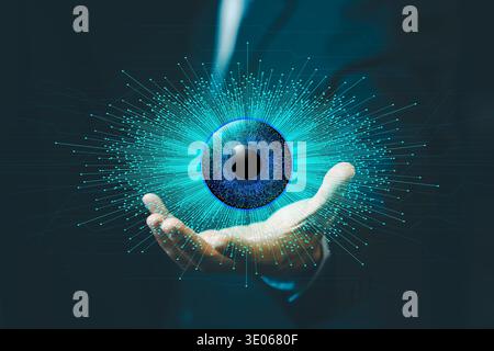 Artificial intelligence eye icon on businessman hand. Concept of biometric scanning, cybersecurity, digital identity and futuristic technology. Stock Photo