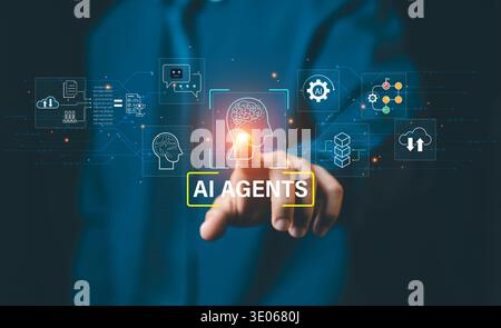 Businessman hand touching AI Agents icon. Concept of artificial intelligence assistant, chatbot, automated customer service and smart technology. Stock Photo