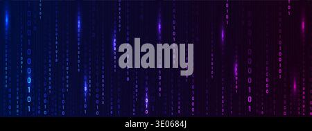 Futuristic light effect with data flow. Programming symbols on neon backdrop. Abstract binary code matrix for cyber technology and security art Stock Vector