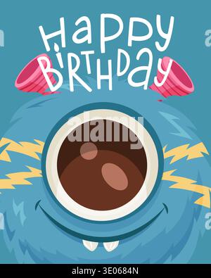 Happy Birthday. Greeting card with cute blue monster. Stock Vector