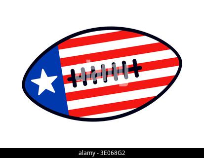 American football ball retro Y2K sticker or patch. USA country retro vector patch, United States of America patriotic tag. American travel Y2K sticker with stars, stripes on football sport game ball Stock Vector