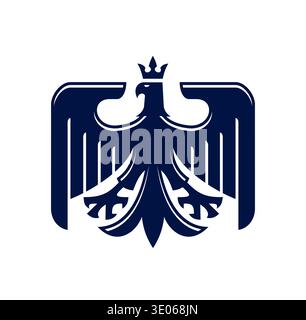 Medieval eagle bird with crown, heraldic royal emblem. Hawk medieval coat of arms vector emblem, falcon vintage crest symbol. Eagle bird of pray icon or sign with spread wings feather and golden crown Stock Vector