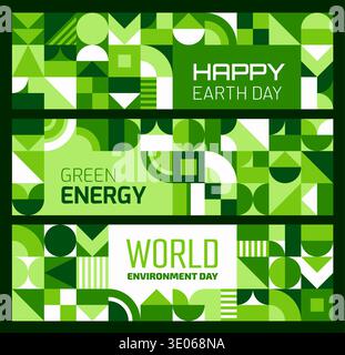 Ecology and environment banners with geometric patterns. Happy Earth Day environmental posters with modern modular mosaic shapes. Vector horizontal cover or layout templates for April 22 celebration Stock Vector