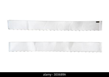 Ripped White Paper Strips with Perforated Edges from Mailer Envelope isolated on white background with clipping path Stock Photo