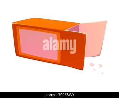 Cartoon baking soda box with an open flap and powder particles spilled on the side. Vector packaging representing a household product for cleaning or cooking tasks. Cook food process in action Stock Vector