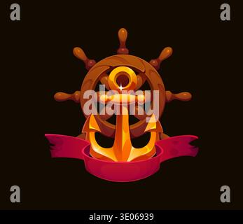 Cartoon pirate heraldry icon, game asset with anchor, ship wheel and red ribbon. Vector fantasy nautical maritime heraldry piracy navigation symbol with golden metal armature and wooden boat helm Stock Vector