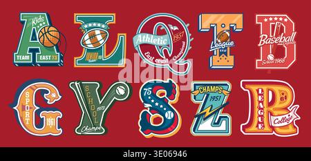 Varsity sport patch labels and prints for college, university or school club jackets. Vector baseball, basketball, american football or rugby balls, bats and flags varsity letter retro patches set Stock Vector