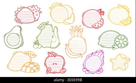 Kids memo note fruit frames. Color line memo note stickers vector templates in shape of tropical berries. Kids notebook, diary, school planner or journal page frames, scrapbook tags and notepad sheets Stock Vector