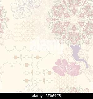 Elegant pastel floral seamless pattern combining botanical line art, ornamental damask motifs, geometric lattice elements and Japanese wave textures. Stock Vector