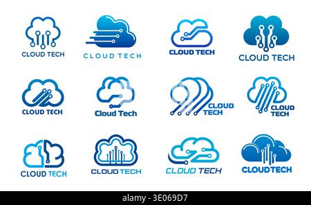 Cloud technology icons of vector data server, network and internet digital information storage system. Cloud data tech blue silhouettes with computer motherboard pattern, web database service symbols Stock Vector