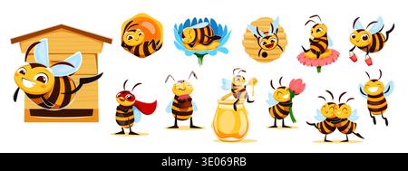 Cartoon honey bee characters, flowers, honeycombs and hive set. Vector cute honeybees flying with honey jar, pot and buckets. Yellow bee insect characters sleeping in beehive, eating nectar, working Stock Vector