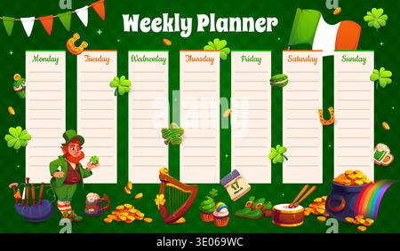 Weekly planner schedule with St Patrick day characters. Week schedule, kid education vector planner or timetable with Saint Patrick's leprechaun, music instruments, gold in pot, sweets and clovers Stock Vector