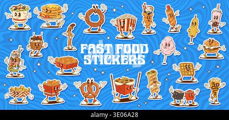 Groovy fast food characters stickers of cartoon dancing pizza slice, burger and fries, popcorn, hot dog and taco. Vector groovy fast food sandwich, sushi, chicken, cotton candy and waffles stickers Stock Vector
