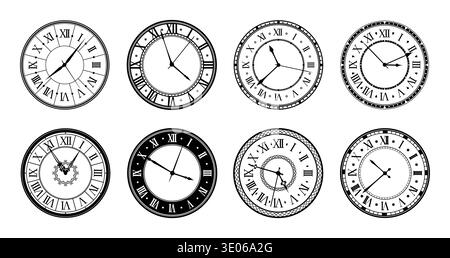 Clock faces with old fashioned watch dials, roman numbers and vintage timepiece details. Vector antique round black wall clock faces or vintage hand watch dials with hour, minute and second arrows Stock Vector