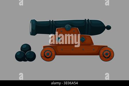 Cartoon pirate cannon, classic naval artillery weapon for maritime battle and defense, historic military equipment with metal barrel on wooden carriage with wheels and stacked round cannonballs nearby Stock Vector