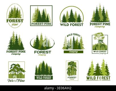 Pine trees forest silhouette icons, park and outdoor camp vector symbols set with evergreen woods in minimal line geometric frames. Wild forest camp or park green icons with pine, fir or spruce trees Stock Vector