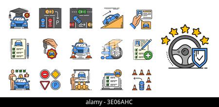 Driver school icons for vehicle driving education and car drive training, vector pictograms. Driving school color icons of car drive test for driver license, traffic rules and vehicle parking training Stock Vector