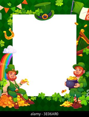 Happy St Patrick's day greeting card or banner. Saint Patrick vector greeting card, March holiday invitation or frame with funny leprechauns in hat, golden coins in pot, shamrock clovers and rainbow Stock Vector