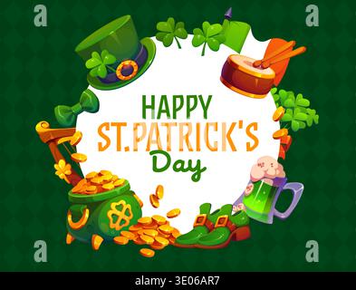 Happy St Patrick's day greeting card. Irish folk holiday vector flyer or greeting card. Saint Patrick day poster with leprechaun hat, shoes and pot of gold, green beer or ale, drum, shamrock leaves Stock Vector