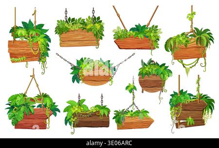 Wooden sign boards with jungle forest liana vines and plant leaves, vector game UI. Cartoon hanging wood signboards and signages, road signs and arrow banners with jungle trees and monstera leaves Stock Vector