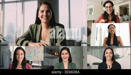 Happy successful multiethnic businesswomen meeting online for work discussion Stock Photo