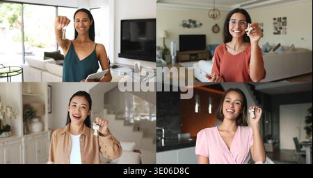 Multiethnic young women showing key from new apartment at camera Stock Photo