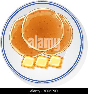 Two golden pancakes and three butter pats on a white plate, vector illustration style Stock Vector