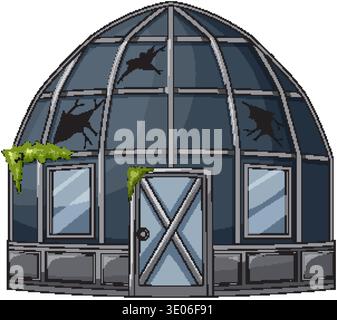 Cartoon vector of neglected glass dome structure with cracked panels, moss, and front door Stock Vector