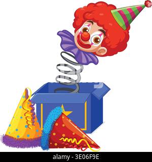 Playful cartoon clown jack-in-the-box springing from a blue box with festive party hats. Stock Vector