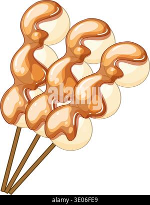 Three skewers of mitarashi dango with glossy sweet soy glaze, vector illustration style Stock Vector