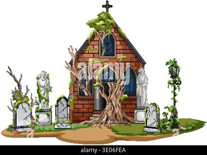 Vector illustration of haunted chapel with gravestones, statues, creeping vines, and twisted tree Stock Vector
