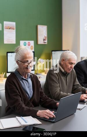 Vertical shot of senior Caucasian woman and senior Caucasian man participating in computer literacy course, sitting at desks using laptops Stock Photo