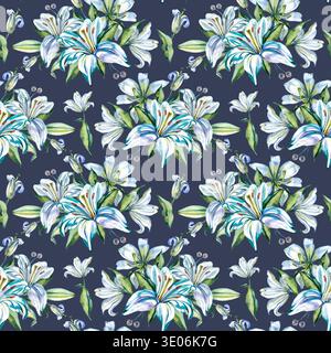 Hand drawn watercolor seamless pattern featuring elegant white and blue lilies with lush green leaves. This romantic floral design is perfect for Stock Photo