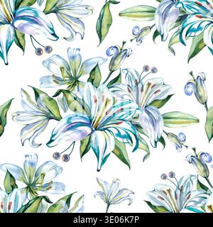 Hand drawn watercolor seamless pattern featuring elegant white and blue lilies with lush green leaves. This romantic floral design is perfect for Stock Photo