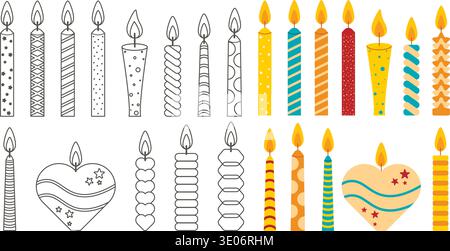 Burning candles of various shapes clip art collection. Black outline and color versions of festive decorative candles with flames. Vector elements Stock Vector