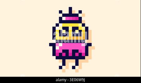 Pixel art raider painted in yellow and magenta color. Stock Vector