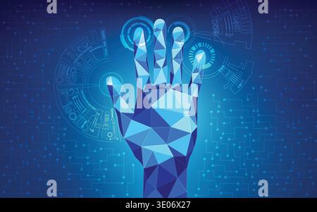 low poly hand touching interface; scientific analysis; futuristic background; abstract technology backdrop; blue digital theme; polygon hand in techno Stock Vector