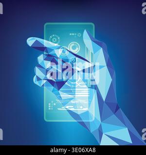 blue digital theme; polygon hand in technological looks; technology touch screen; low poly hand holding futuristic device; Stock Vector