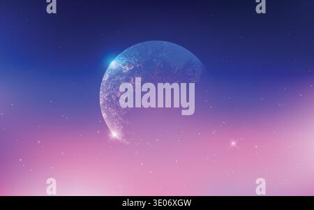 Universe scene with planets, stars and galaxies in outer space; abstract scientific background; glowing planet Earth in space, solar eclipse, nebula a Stock Vector