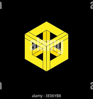 Bright impossible cube. Geometrical optical illusionism. Isometric Vector illustration. Mysterious black background. Stock Vector
