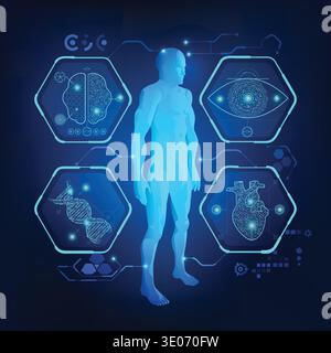 abstract technological health care; science interface; digital blueprint of human; 3D body part of human Stock Vector
