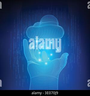 concept of cloud computing technology, wireframe hand holding cloud symbol shape with binary background Stock Vector
