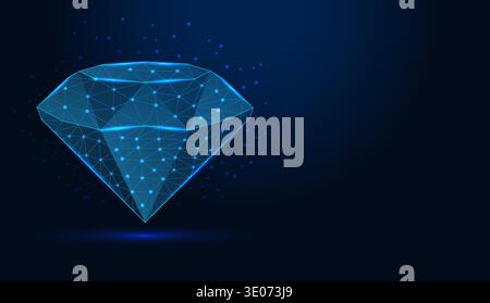 Low poly wireframe diamond gemstone on dark blue background. Stock Vector