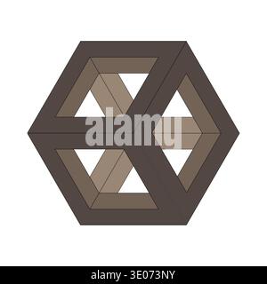 Optical illusion cube. Impossible hexagon shape. 3D Vector paradox. Brown geometric frame. Stock Vector